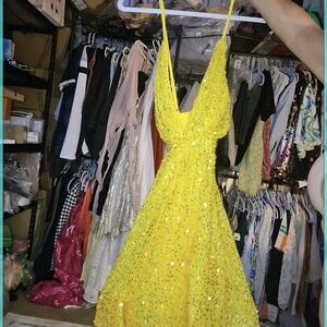 Yellow Sequin Mini Poof Dress by Dressalisa